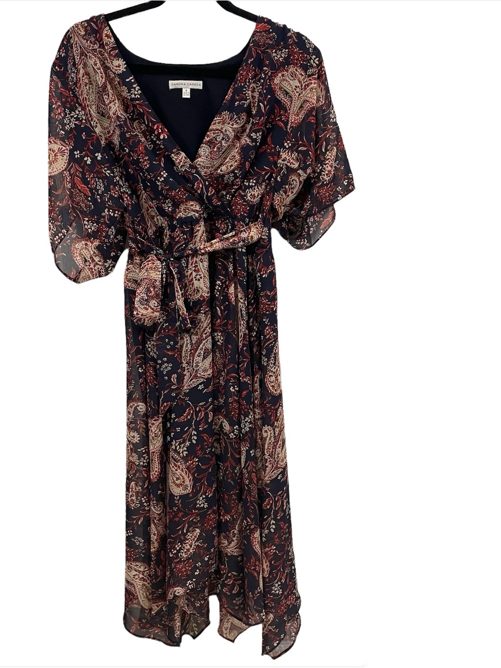Sandra Darren Navy Paisley print midi faux Wrap Dress modest length size 8 NWT